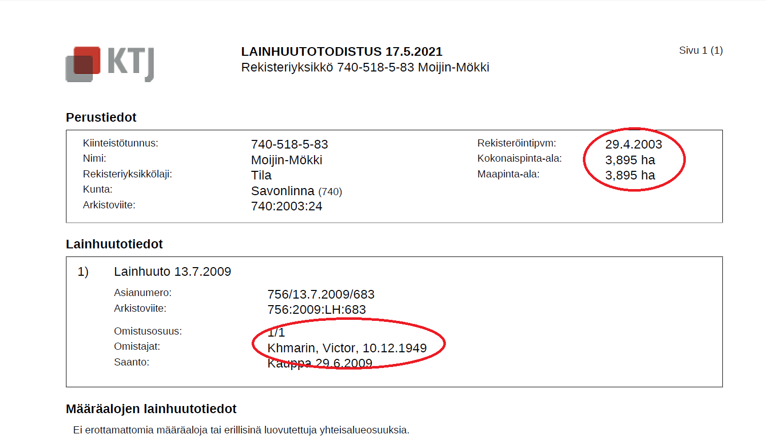 An extract from the Finnish register