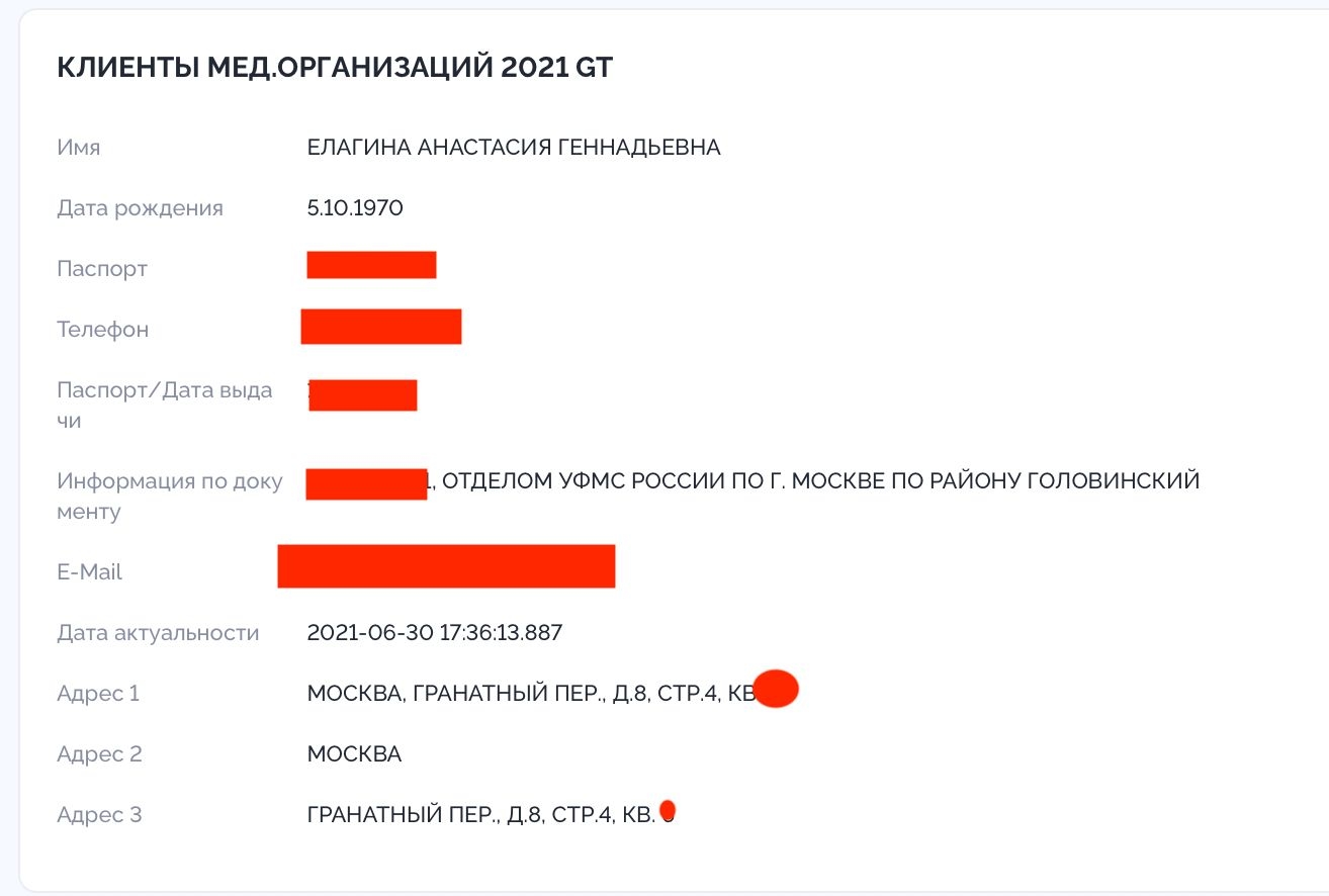 Elagina's address (found in documents leaked from medical organizations)