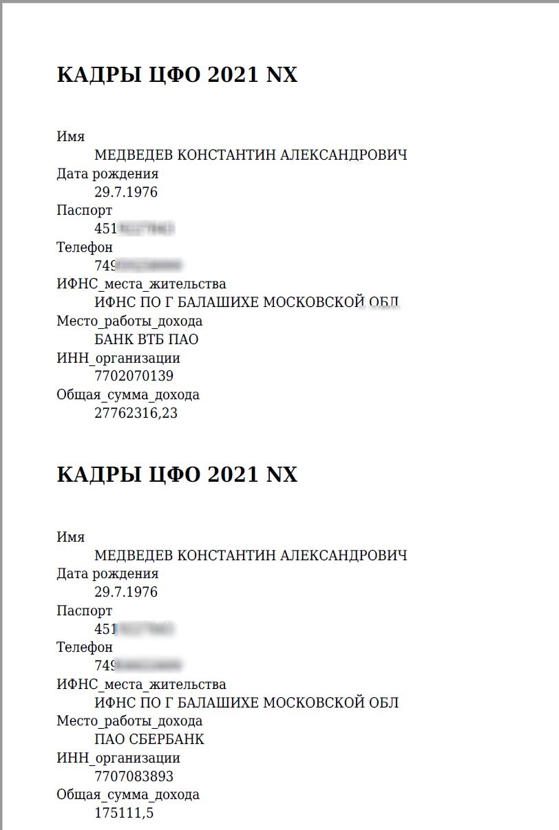 Screenshot of leaked data indicating Medvedev’s income in 2021 from VTB alone was listed as $305,000 — close to 15 times the average military salary at the GRU.