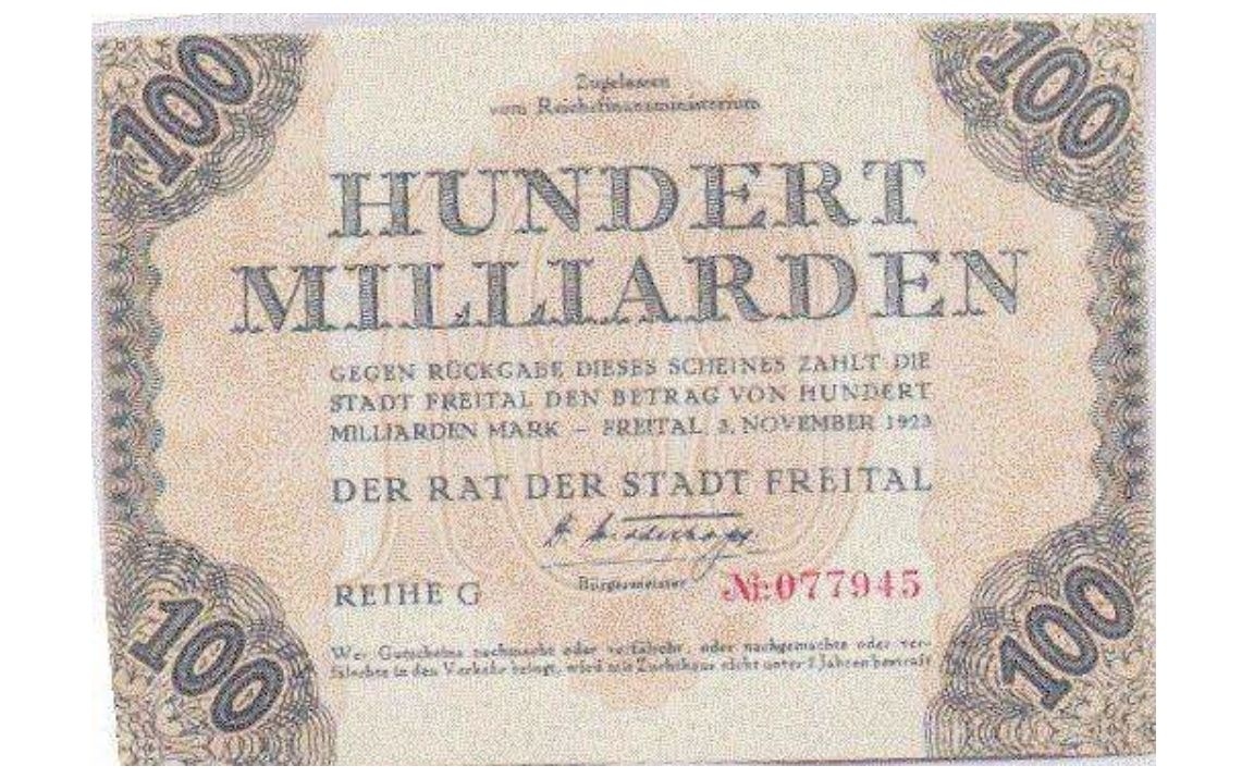 In 1923, a banknote worth 100 billion German marks could buy about 1 kilogram (2.2 lbs) of meat.