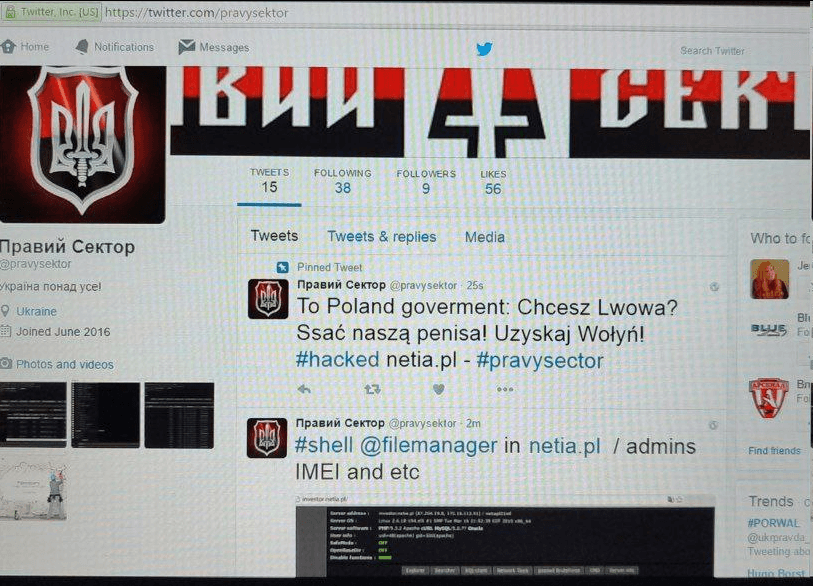 Screenshot of Unit 29155's impersonation of Ukraine's Right Sector. One tweet reads: “To Poland government: You want Lviv? Suck our dick! You will get [another] Volhynia.”