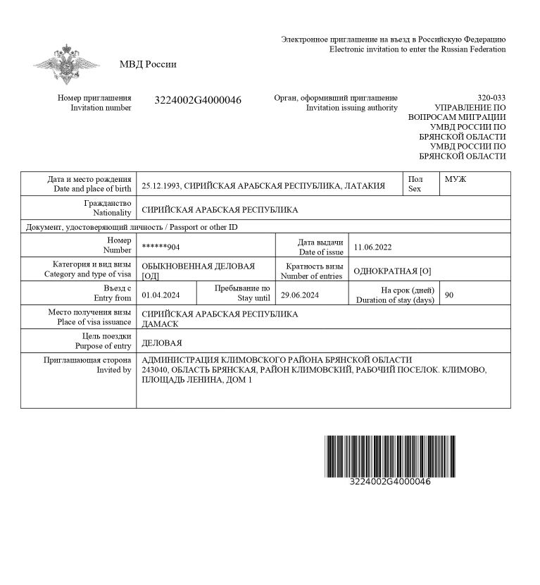 An example of an electronic invitation to enter Russia