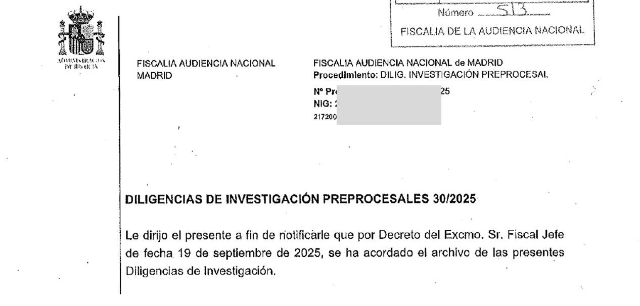 Scan of the notice from the Fiscalía de la Audiencia Nacional (Office of the Prosecutor of Spain’s National Court) refusing to open a criminal case