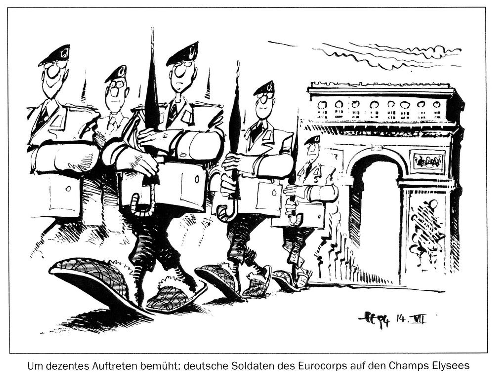 Cartoon: “Trying to Make a Good Impression: German Eurocorps Soldiers on the Champs-Élysées,” 1994