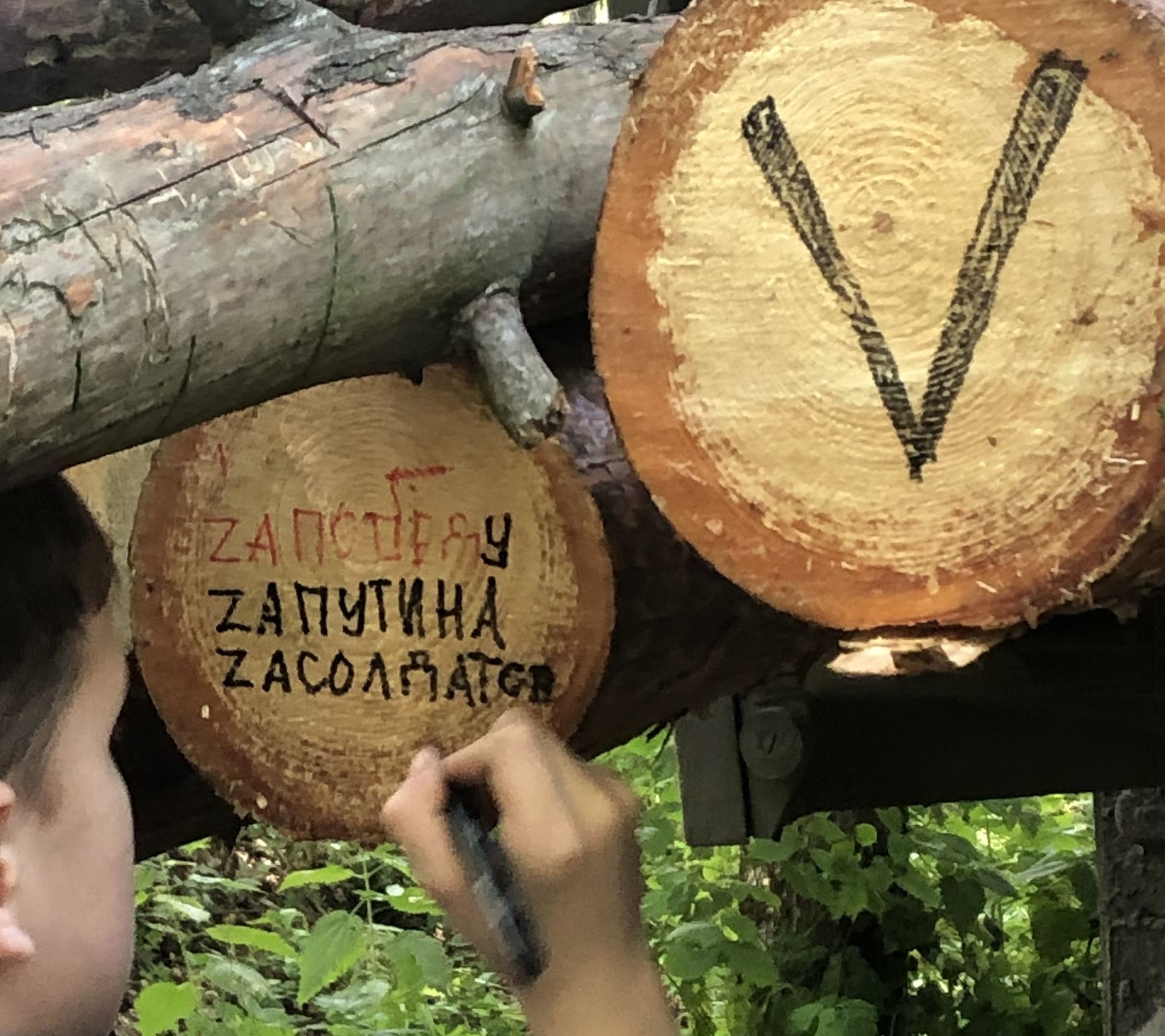 A child paints a log with patriotic slogans