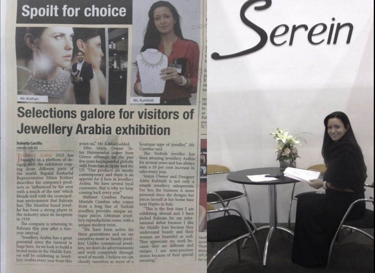 A scan of an article from a Bahraini newspaper that mentions “Maria Adela Rivera Kuhfeldt” and a photo of her at the expo. The photos were emailed by “Adela” to Marcelle D'Argie Smith in December 2013