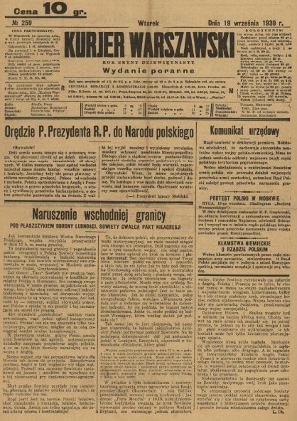 Газета Kurjer Warszawski от 19.09.1939