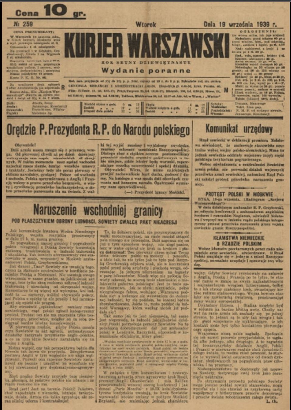 Newspaper Kurjer Warszawski of September 19, 1939