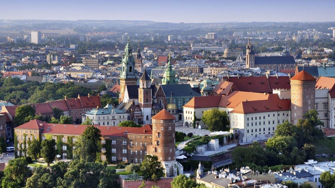 The Krakow skyline with an aerial view of the historic royal Wawel Castle and the city centre. Photo: Krzysztof Nahlik / Getty Images