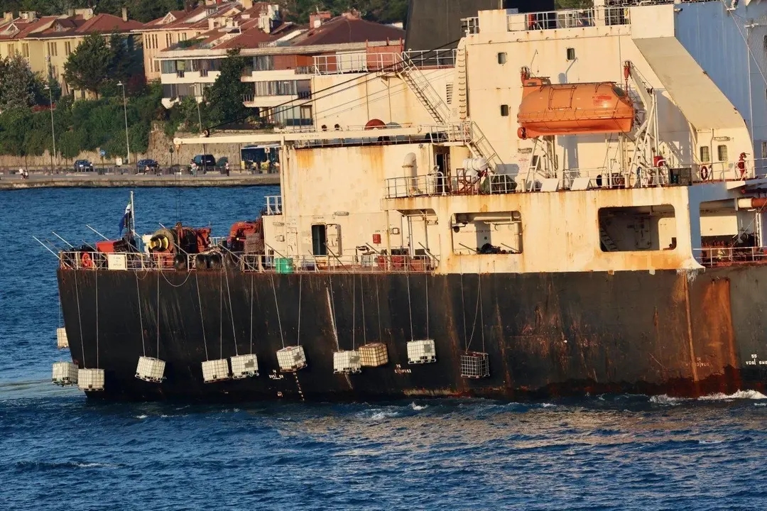 The crew of the 28-year old Suezmax tanker Caruzo had covered the superstructure with netting out of fear of Ukrainian drone strikes. Photo: TankerTrackers.com