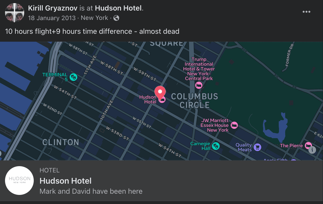 Griaznov checked-in on Facebook at the Hudson Hotel during his trip to New York City in February 2013.