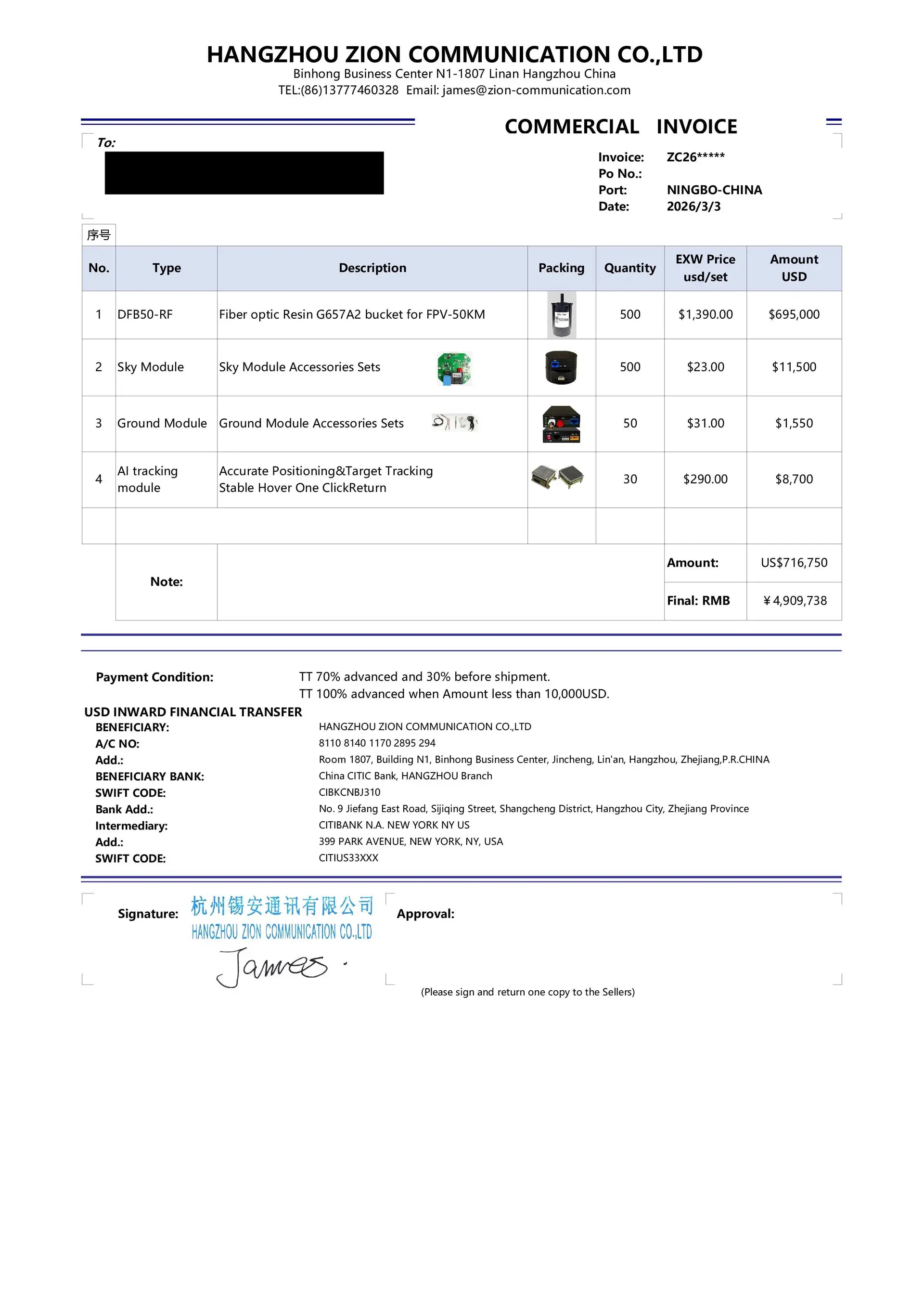 A commercial invoice sent by Zion Communication
