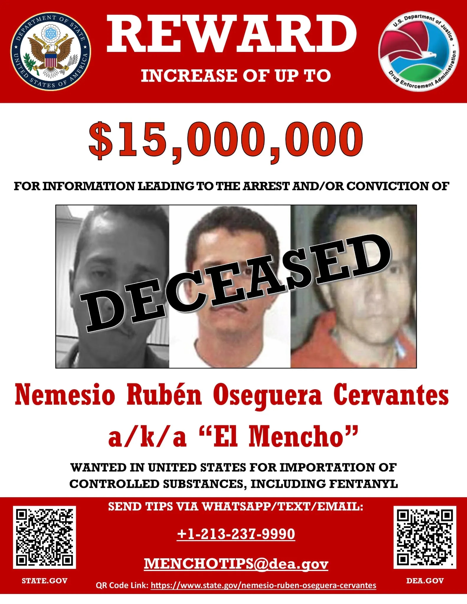 An ad announcing a $15 million reward for assistance in locating El Mencho