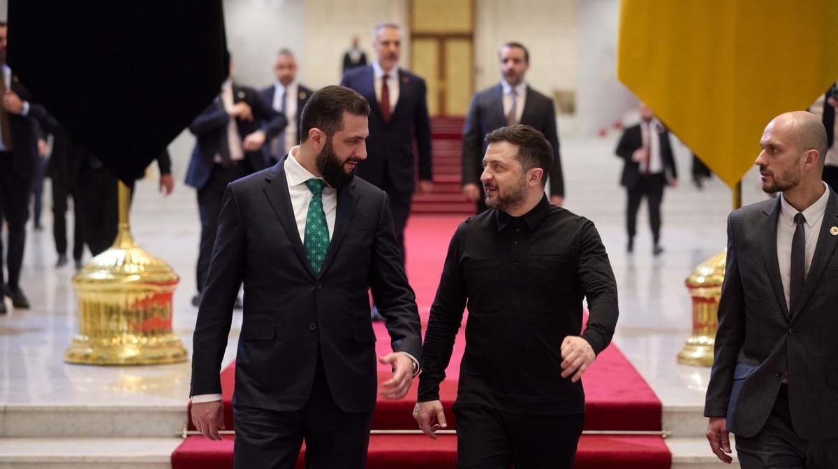 Volodymyr Zelensky with Syria’s interim president Ahmed al-Sharaa