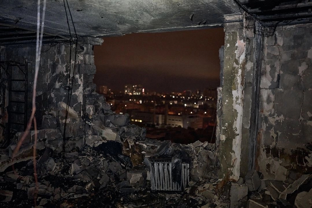 The aftermath of a “Geran” drone striking an apartment on the 20th floor of a residential building in Kyiv on Oct. 25, 2024