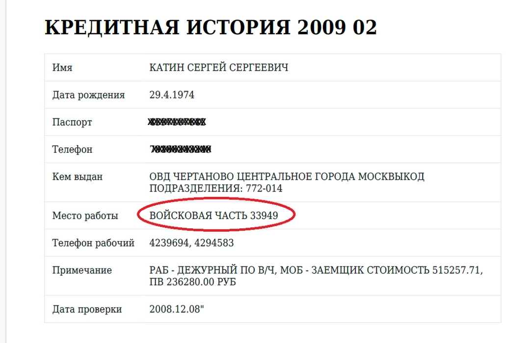 Leaked data indicating Katin listed Military Unit 33949 as his official place of work on a loan application