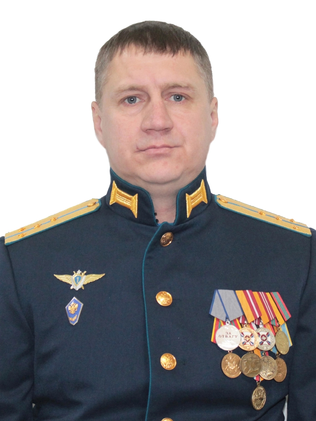 The medal “Participant in the Military Operation in Syria” is second from left in the middle row of medals on Dmitry Lobanov's uniform