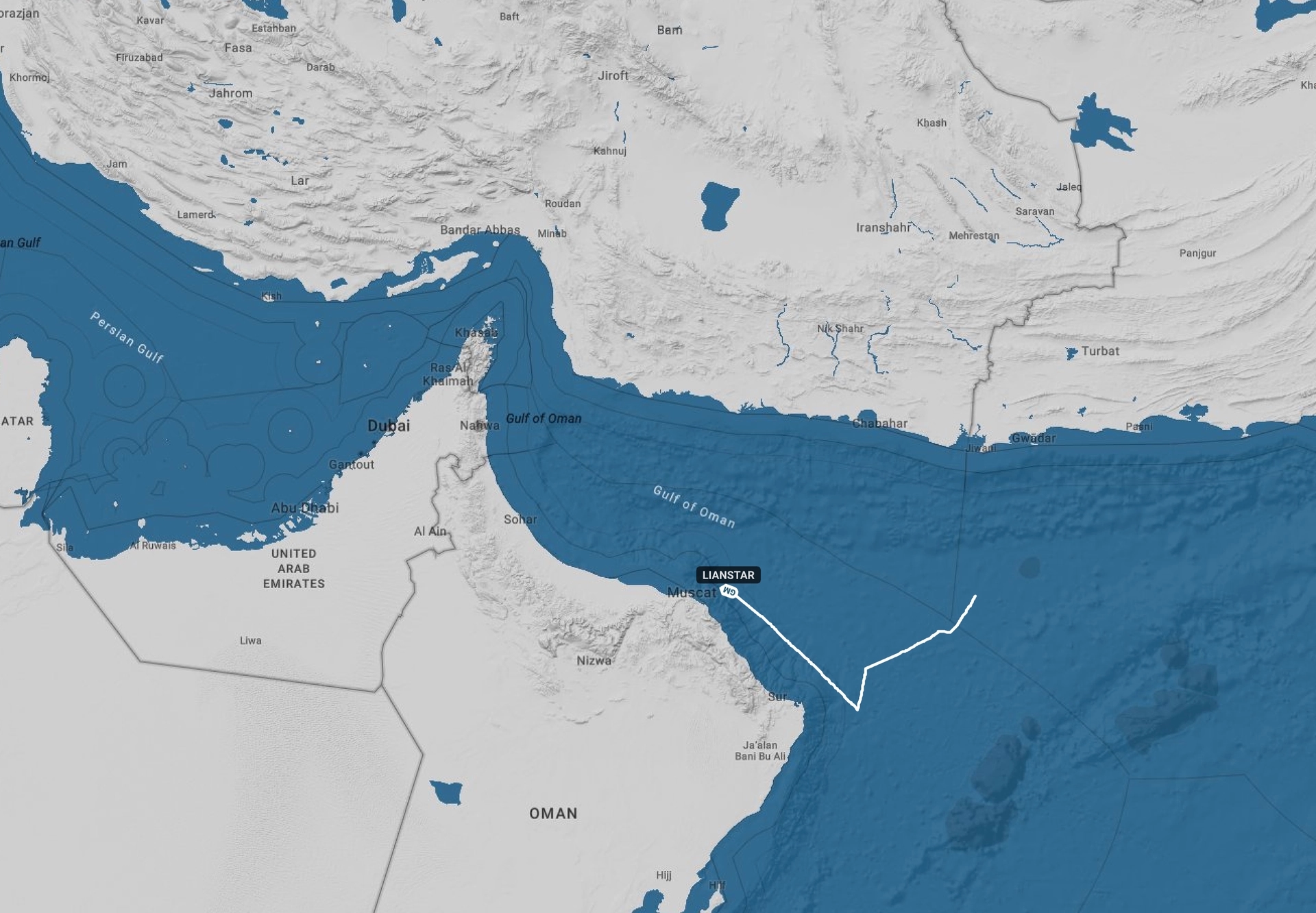 The route of the cargo vessel Lian Star in the Gulf of Oman