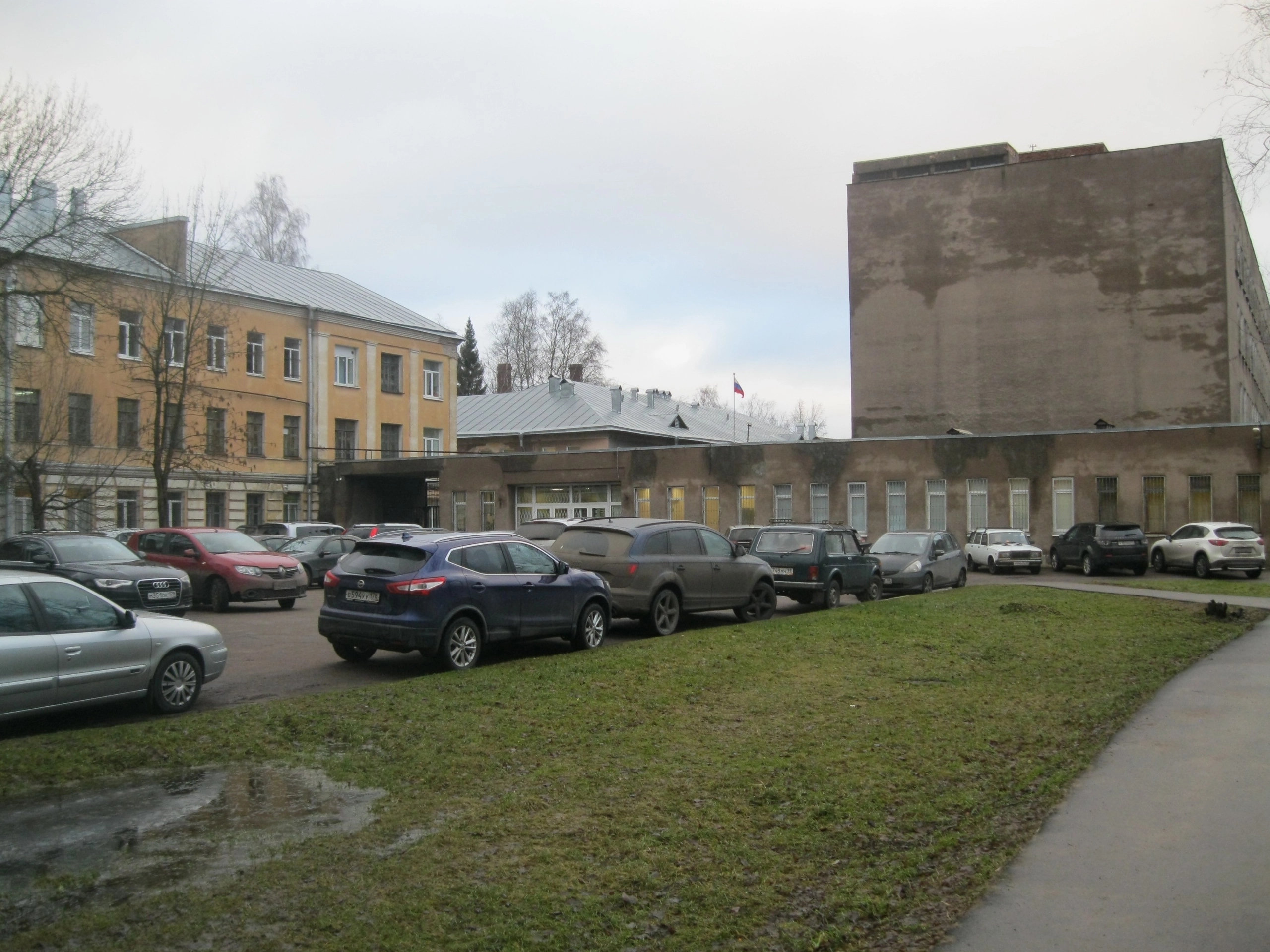 Building B and the main building with the checkpoint (the one-story building in the center)