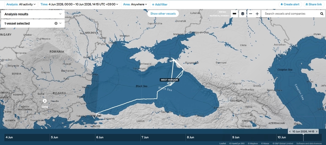 Route of the tanker West Horizon from June 4 to June 10