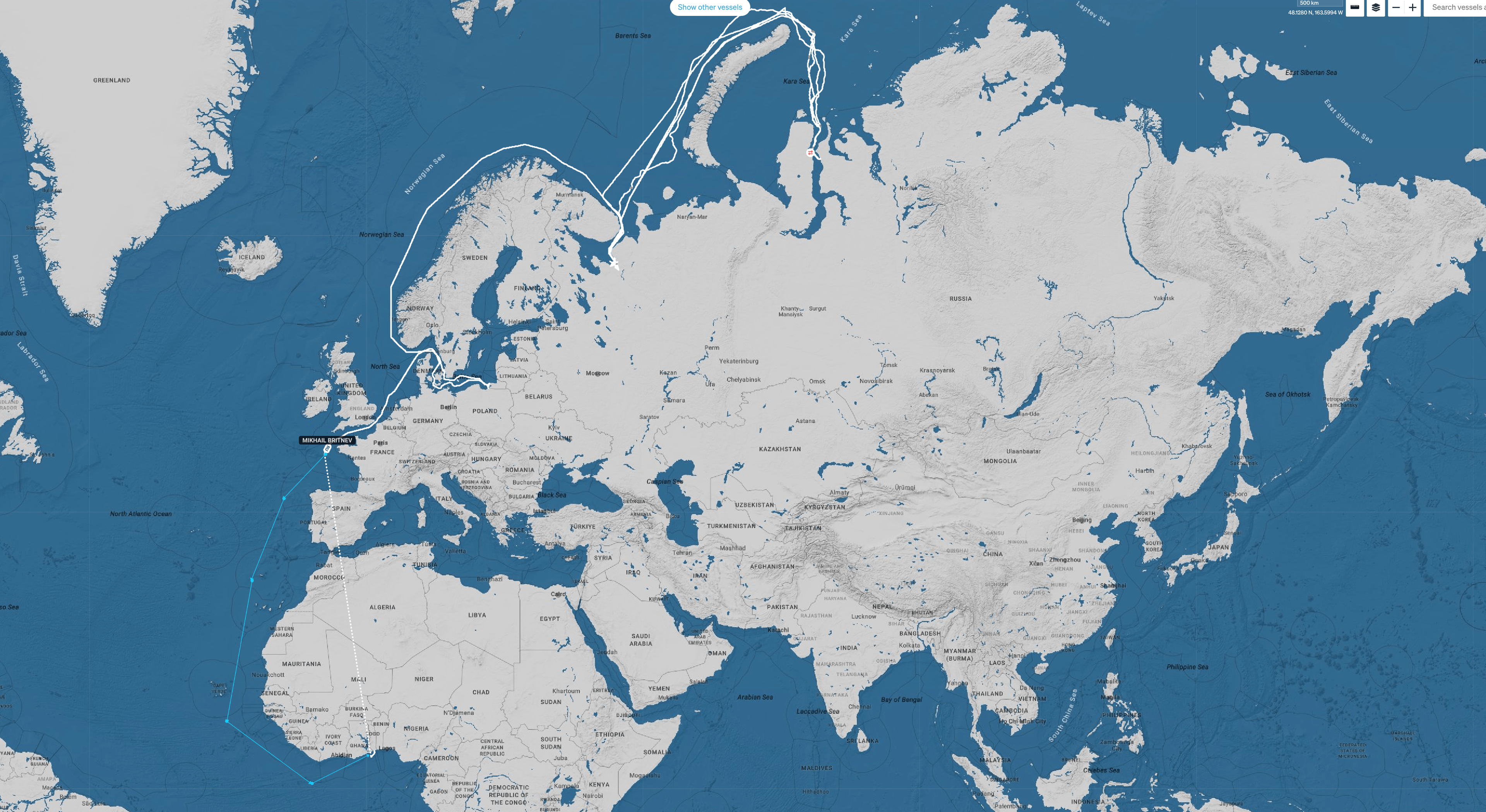 The route of the vessel Mikhail Britnev from Russian ports to the port of Lomé in Togo. The dashed line appears when the vessel disables its AIS. The actual route is shown schematically with arrows.