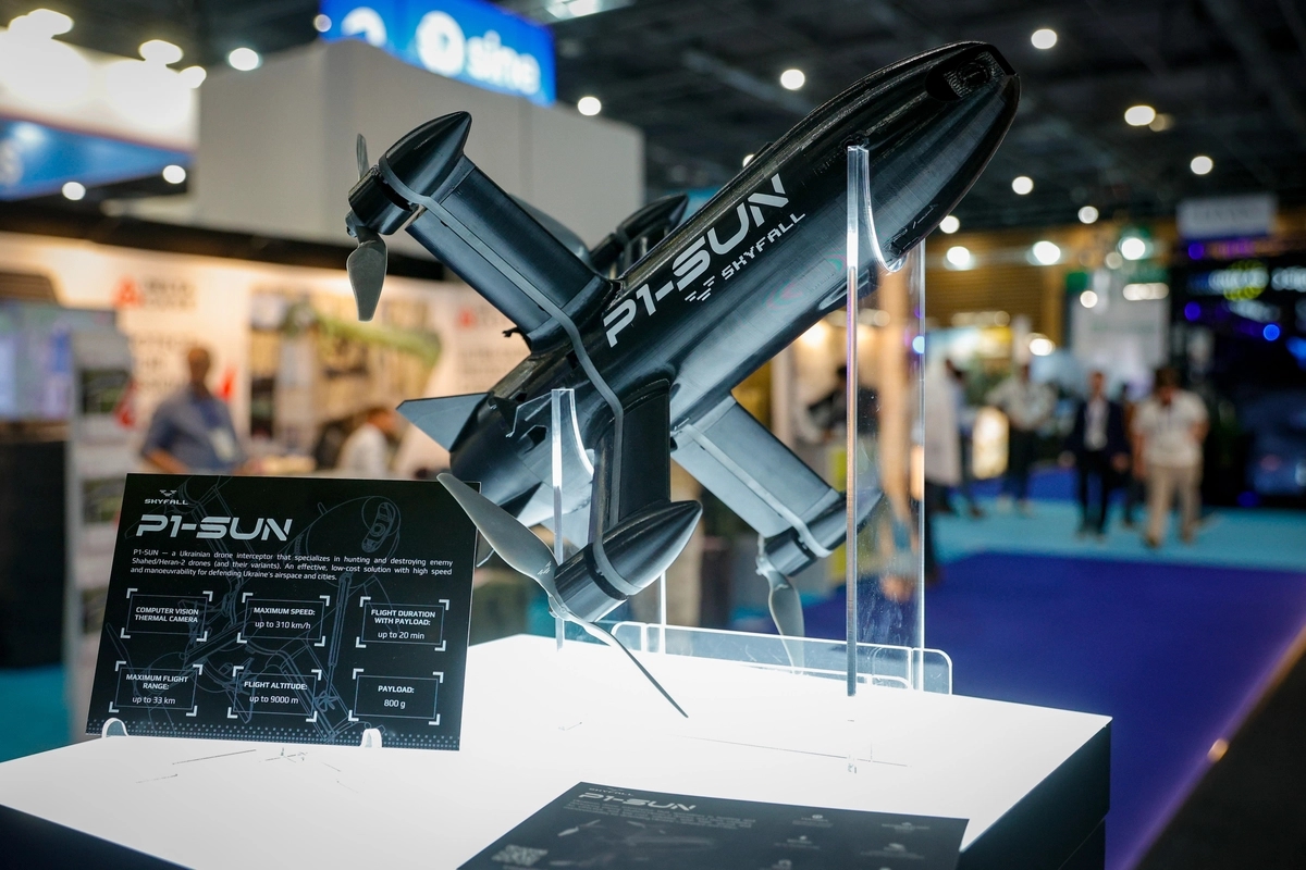 A Ukrainian FPV interceptor drone developed by Skyfall at the Eurosatory 2026 exhibition in Paris, France.