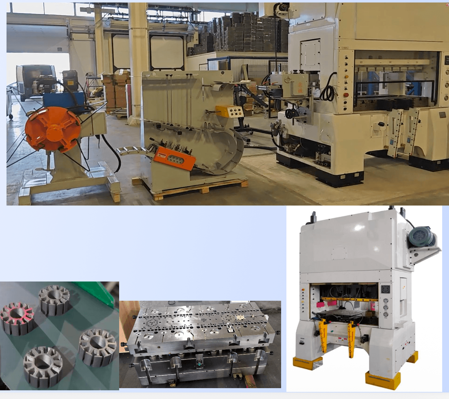 Cutting machine, top, and stator blanks, bottom left