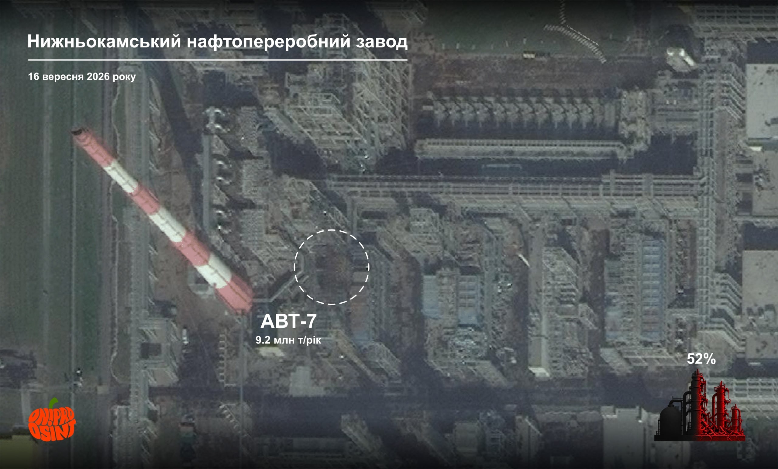 Спутниковый снимок последствий украинского налета на нефтеперерабатывающий завод ТАНЕКО в Нижнекамске 13 сентября 2026 года