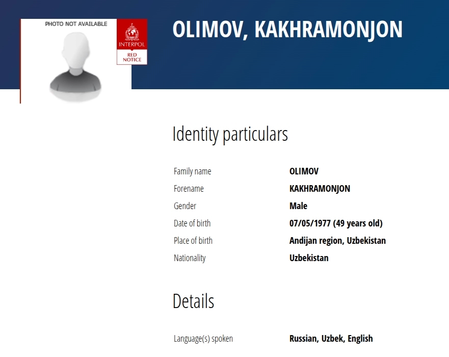 Kakhramonjon Olimov’s Red Notice on the Interpol website
