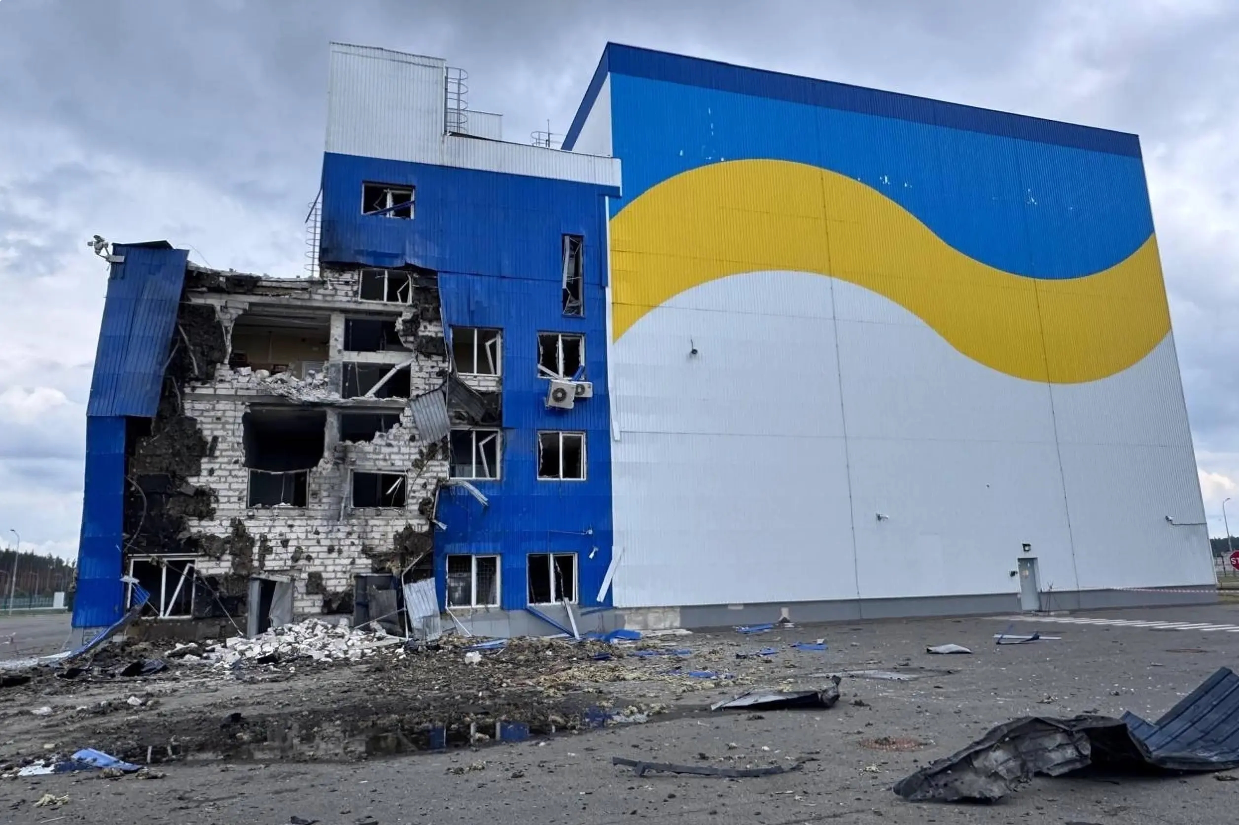 A building damaged by a Russian drone at the Centralized Spent Nuclear Fuel Storage Facility near the Chornobyl Nuclear Power Plant. Photo: Energoatom