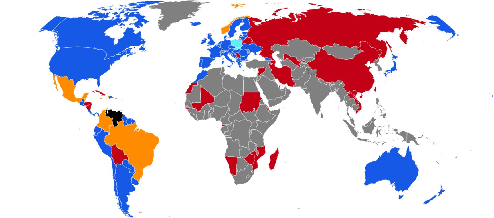 Красный цвет — страны, признающие президентом Мадуро, синий — признающие Гонсалеса, желтый — отказавшиеся признать результаты выборов до подробной публикации и независимой верификации итогов