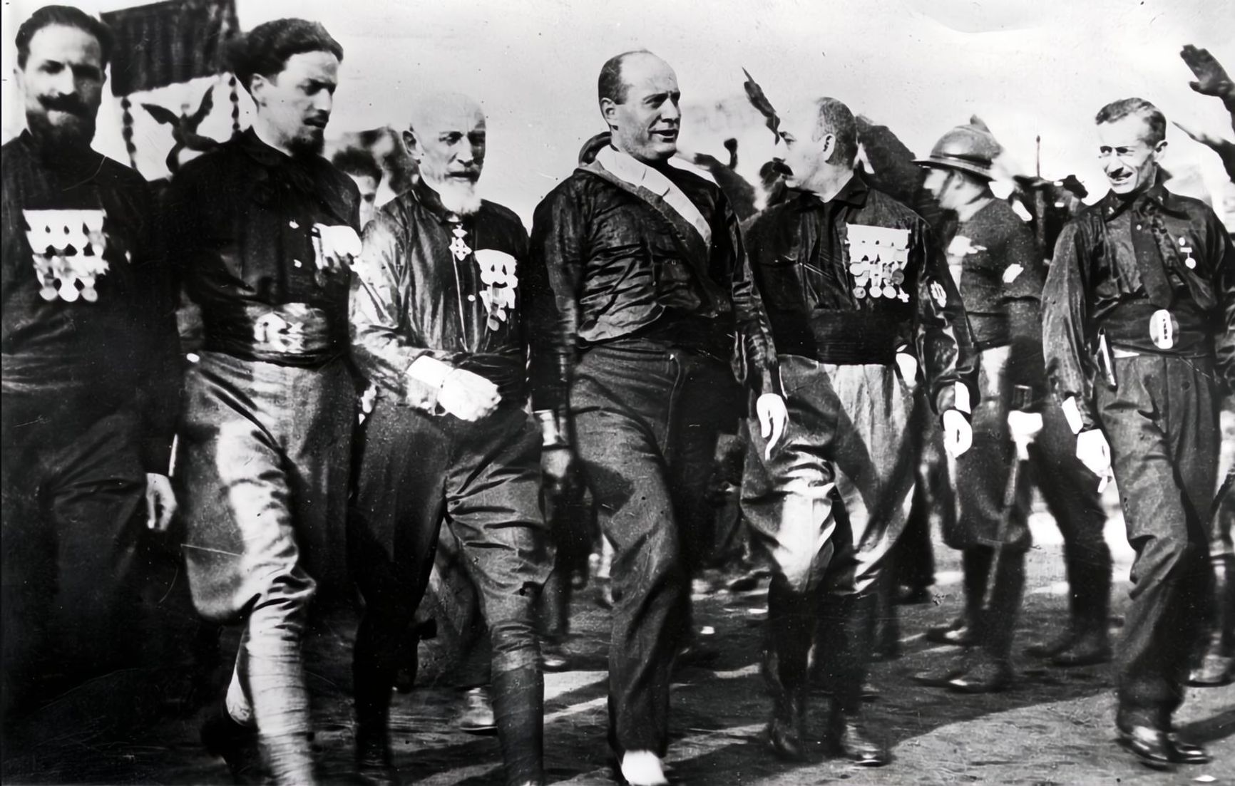 Benito Mussolini (center) during the March on Rome in October 1922, which marked the beginning of his rule.