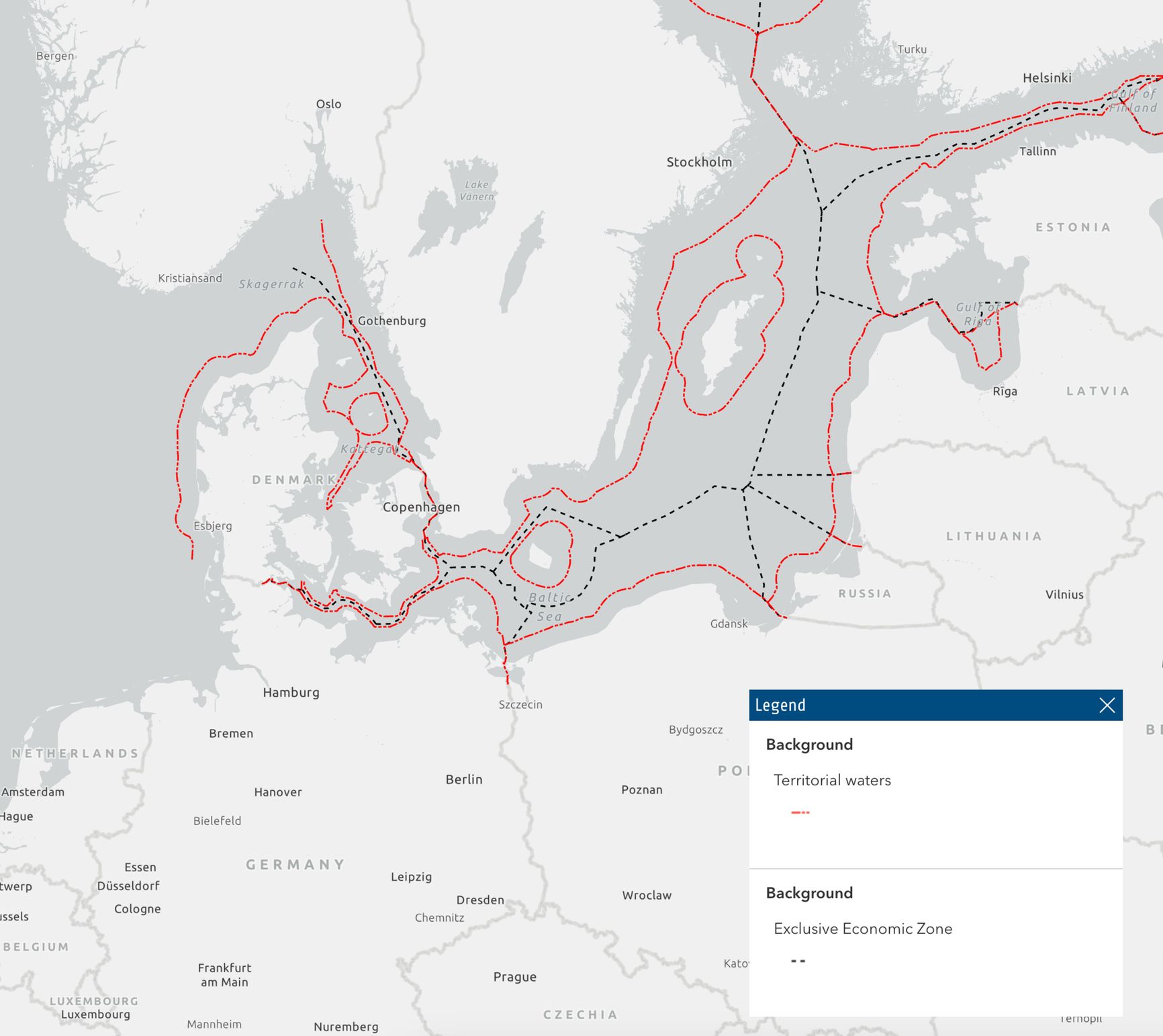 The map shows the EEZs and territorial waters of the Baltic Sea’s coastal countries Map: Helsinki Commission HELCOM for the protection of the Baltic Sea marine environment