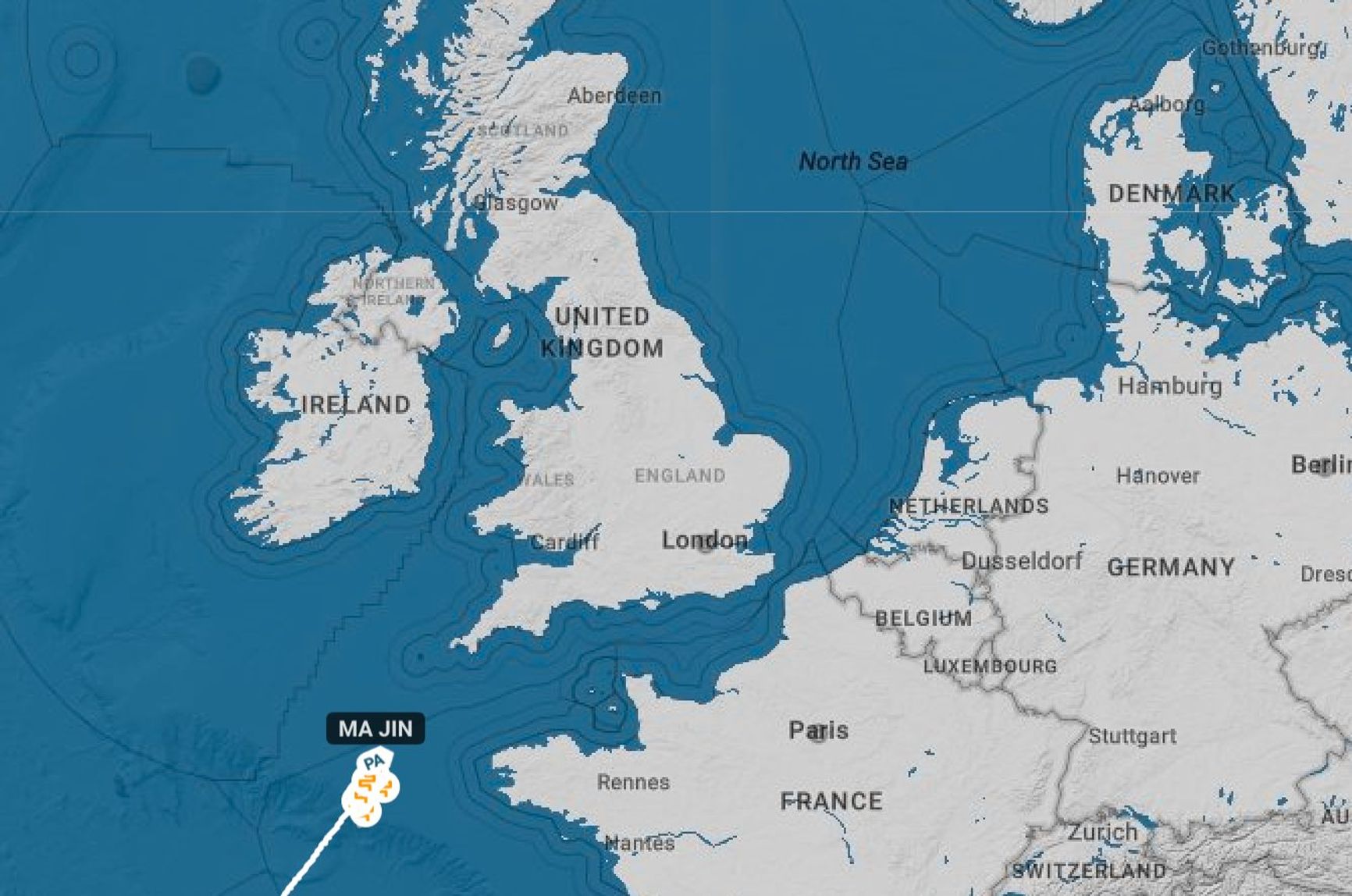The Ma Jin has been zigzagging near the entrance to the English Channel for a week.