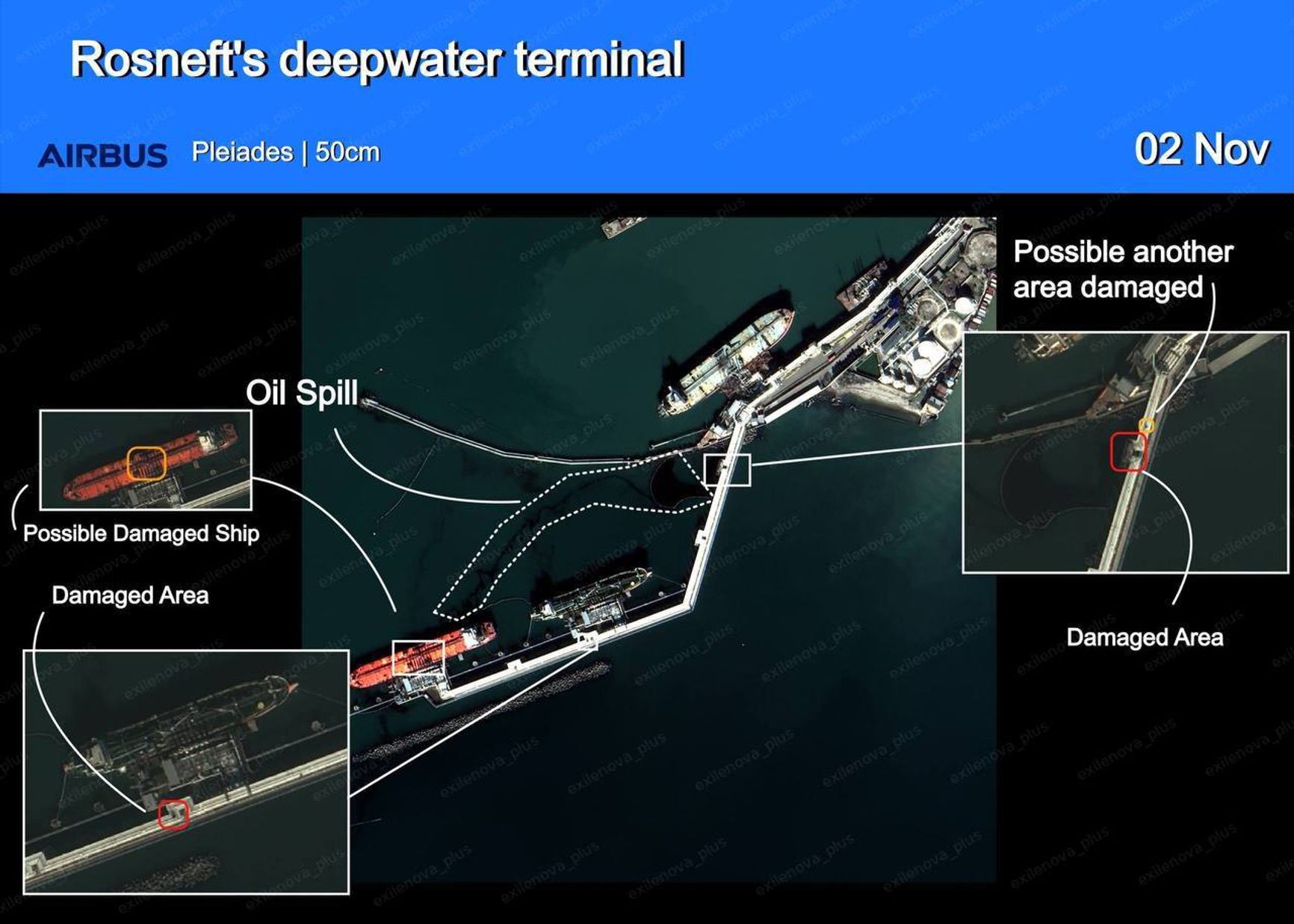 Спутниковый снимок последствий атаки на порт в Туапсе. На нем видны два повреждения трубопровода, последствия возгорания на одном из танкеров, а также следы утечки нефти в море