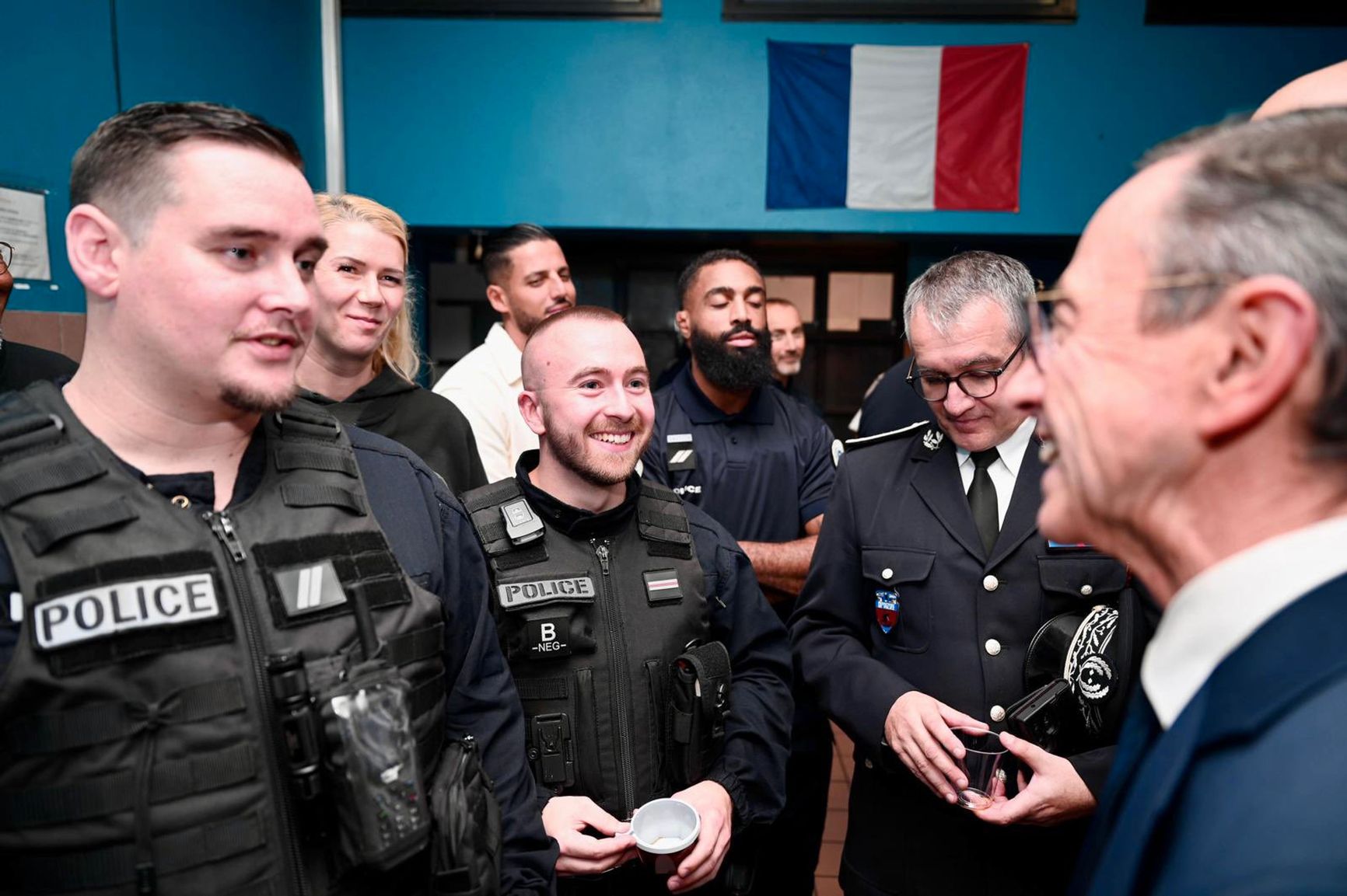 New French Interior Minister Bruno Retailleau (right) at a meeting with French police officers