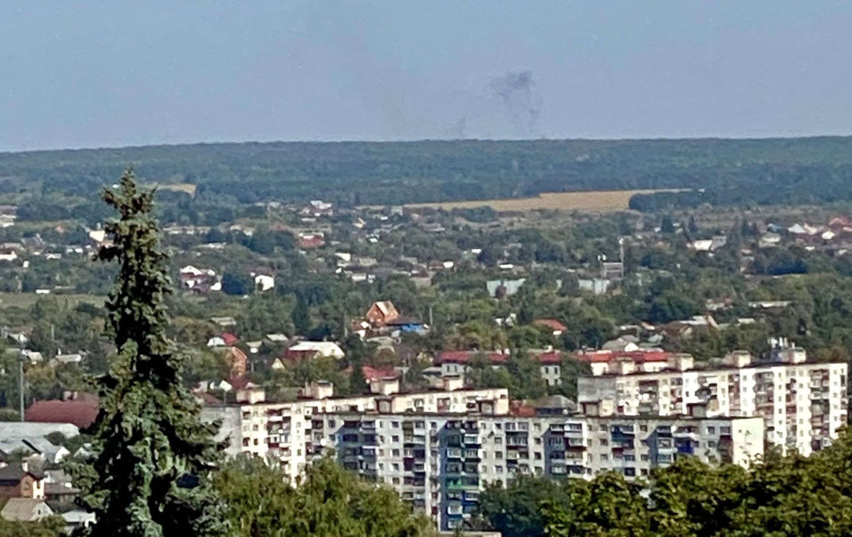 Smoke on the horizon to the east of Kursk, where military bases and the former civilian airport are located