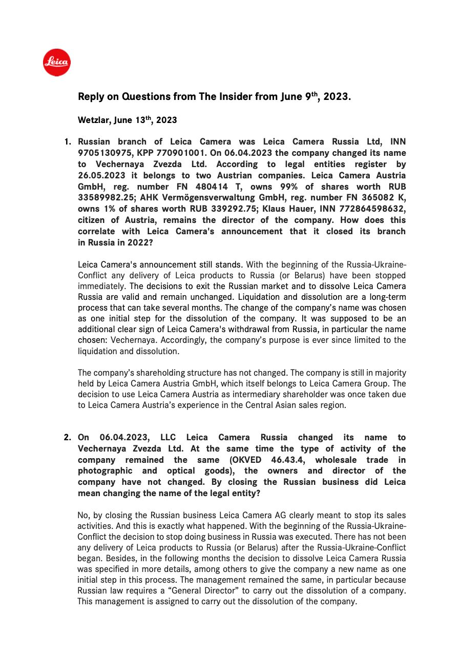 Leica Camera's reply to questions from The Insider from 09.06.2023