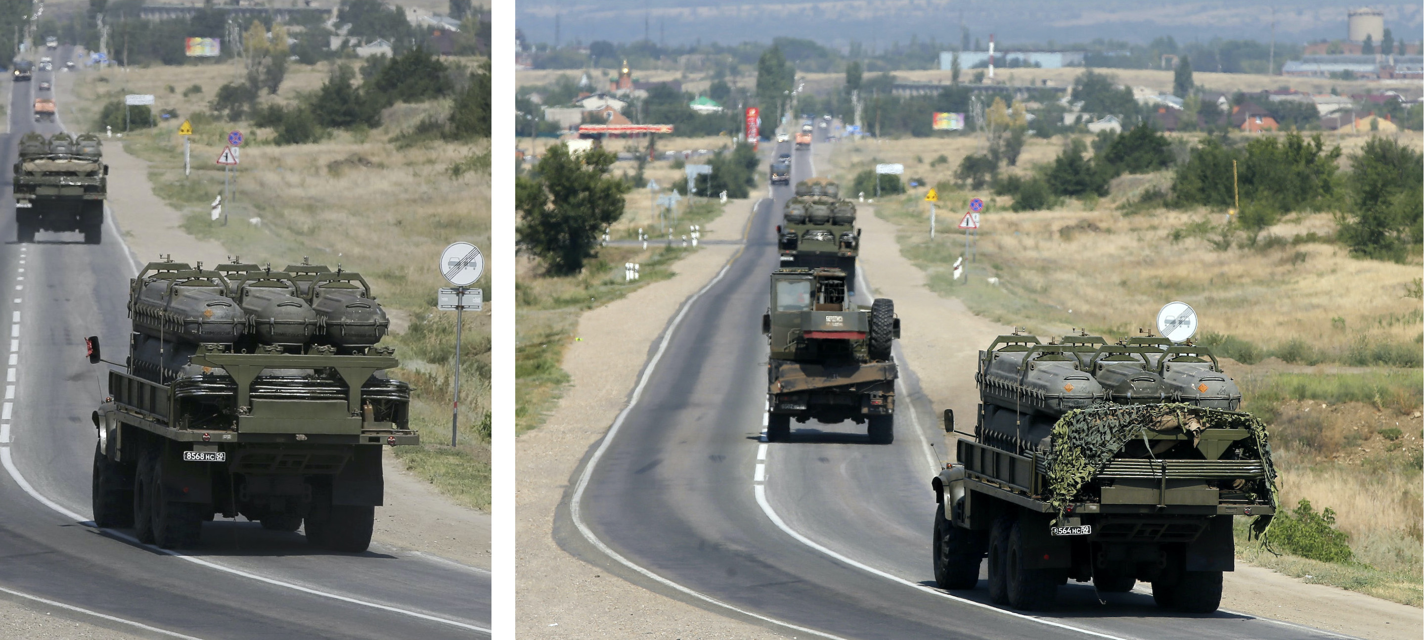 Фотографии автоколонны с зенитными ракетами в 20 км от украинской границы (и движущейся в ее направлении), опубликованные Reuters 16 августа 2014 г. (видны три грузовика КрАЗ-255Б с ракетными контейнерами и автокран на шасси Урал-432033). Интересный штрих: на этот раз ракетные контейнеры (по 6 на каждом грузовике) перевозятся открыто, но наготове виден не только защитный брезент, но и маскировочная сеть, используемая при нахождении в районах, где возможен визуальный контакт с противником, т.е. либо в непосредственной близости к границе, либо, как в случае с СОУ «Бук-М1–2» No 3’2, в зоне АТО.