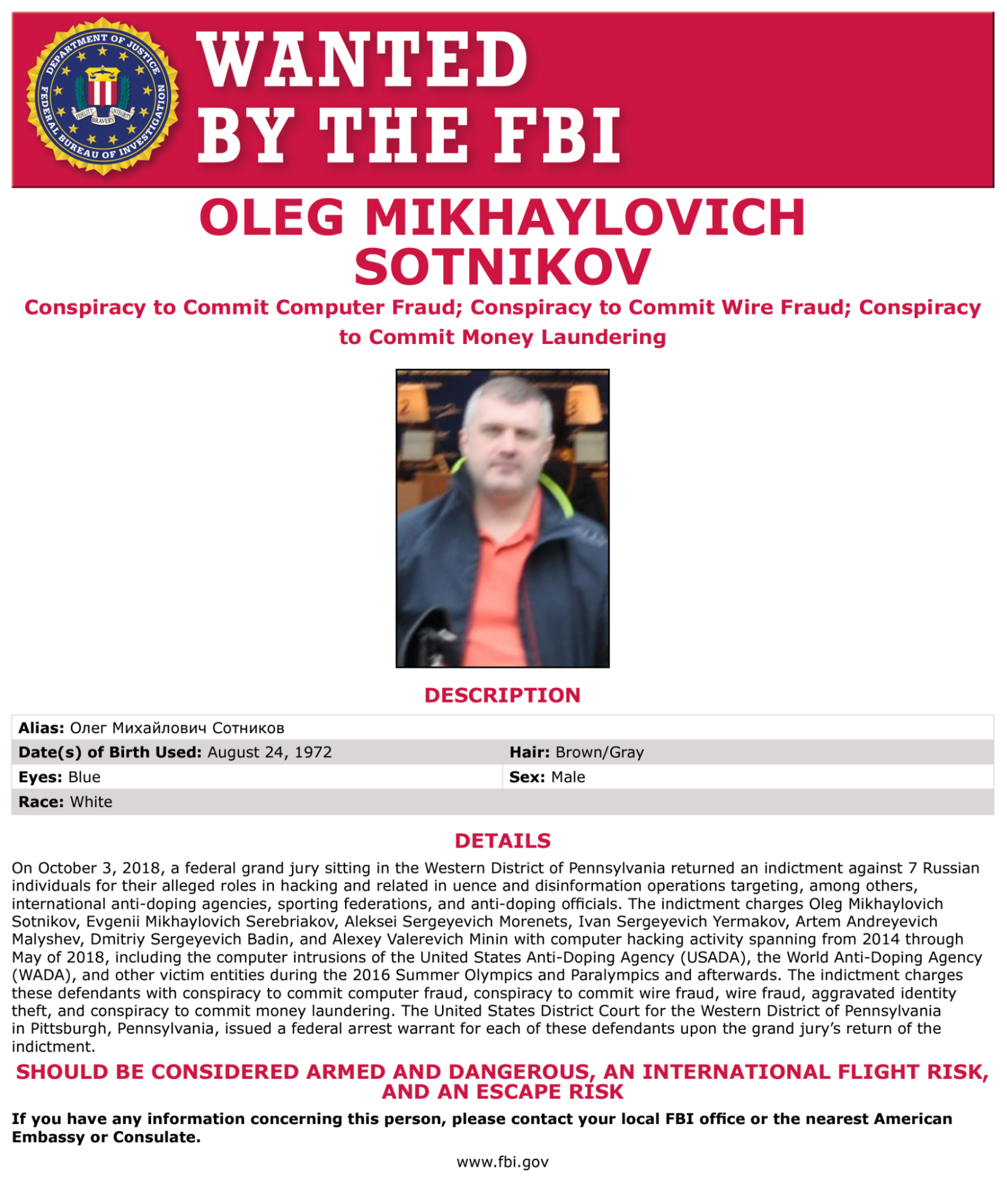FBI Most Wanted poster for Oleg Sotnikov, a GRU officer accused of helping to hack into the OPCW and anti-doping organizations, including one based in Colorado Springs
