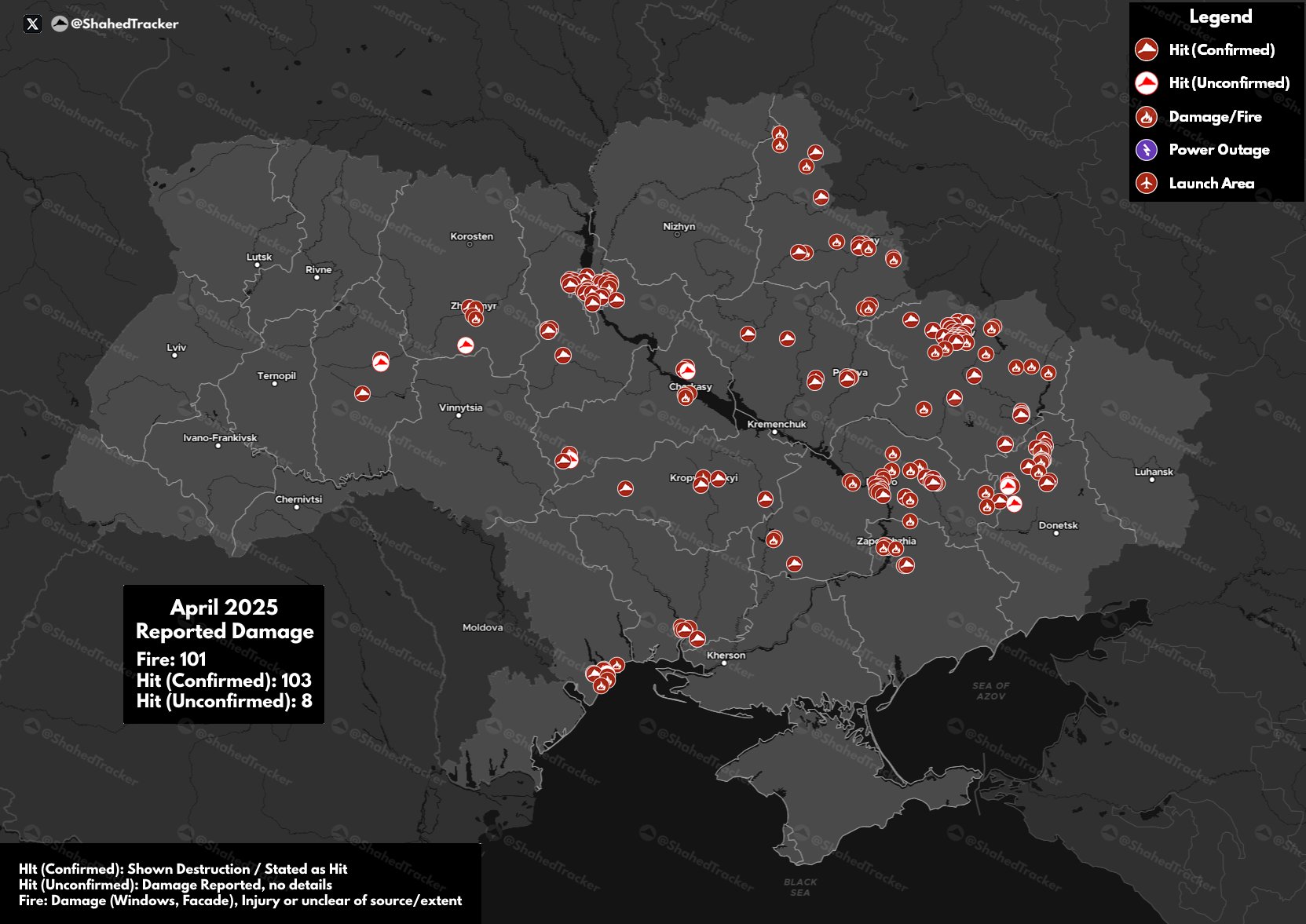 Ущерб от ударов «Шахедами» по территории Украины в апреле 2025 года