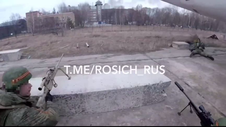 A sniper from Russia's 31st Air Assault Brigade with a Steyr SSG 08 rifle during the assault on Hostomel Airport outside Kyiv on February 24, 2022.