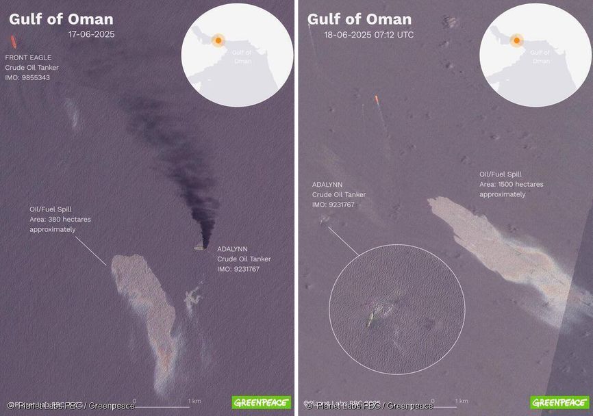Satellite images analyzed by Greenpeace show an oil slick spanning approximately six square miles (1,500 hectares) in the Gulf of Oman following the recent collision of two tankers — the Adalynn and the Front Eagle.