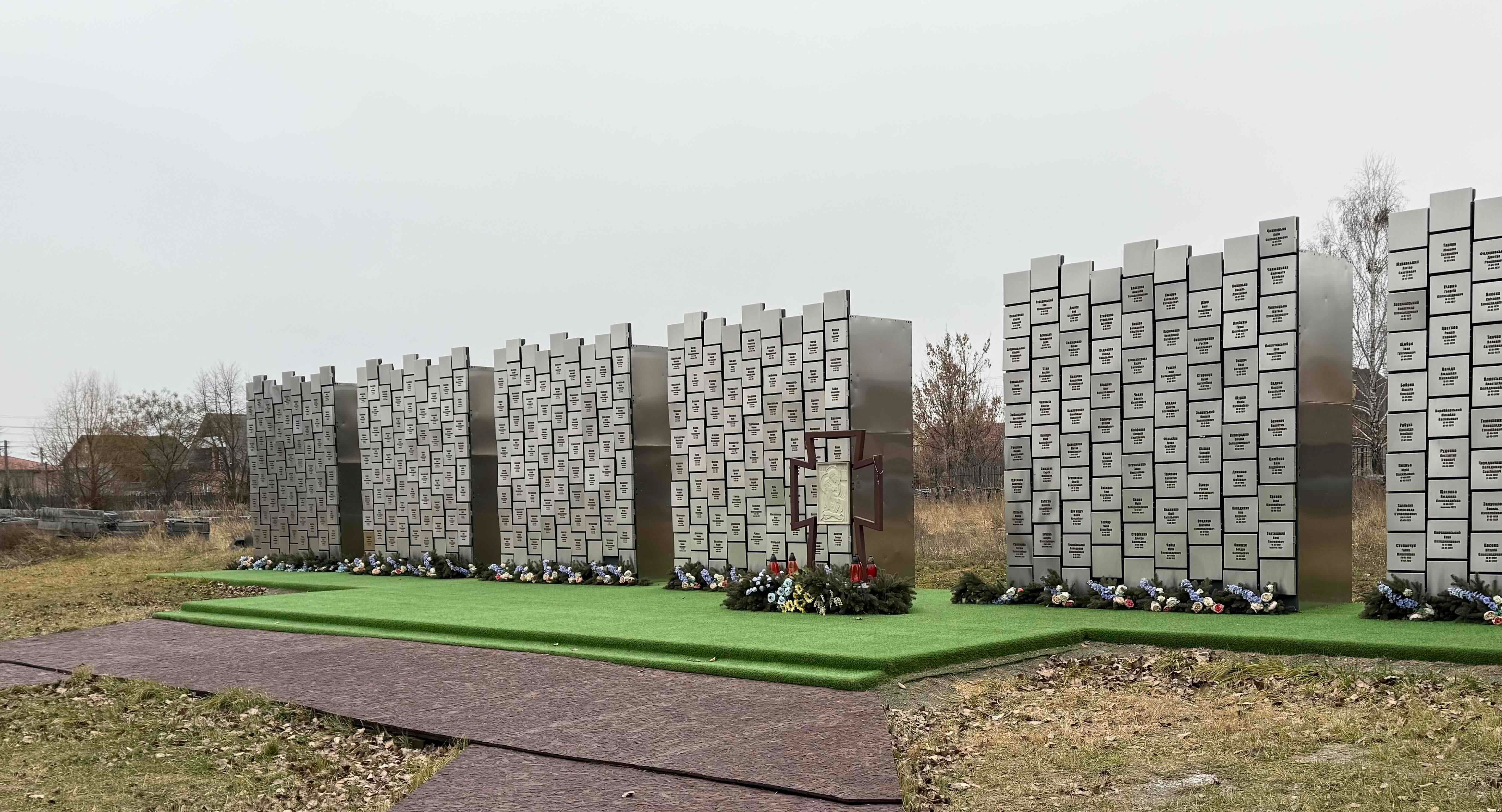 Mass grave near the Church of St. Andrew the First-Called and All Saints in Bucha and a memorial with the names of murdered local residents.