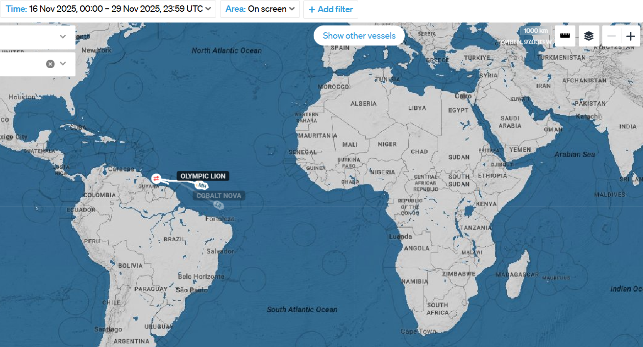 Маршруты танкеров Cobalt Nova и Olympic Lion, вышедших из Гайаны