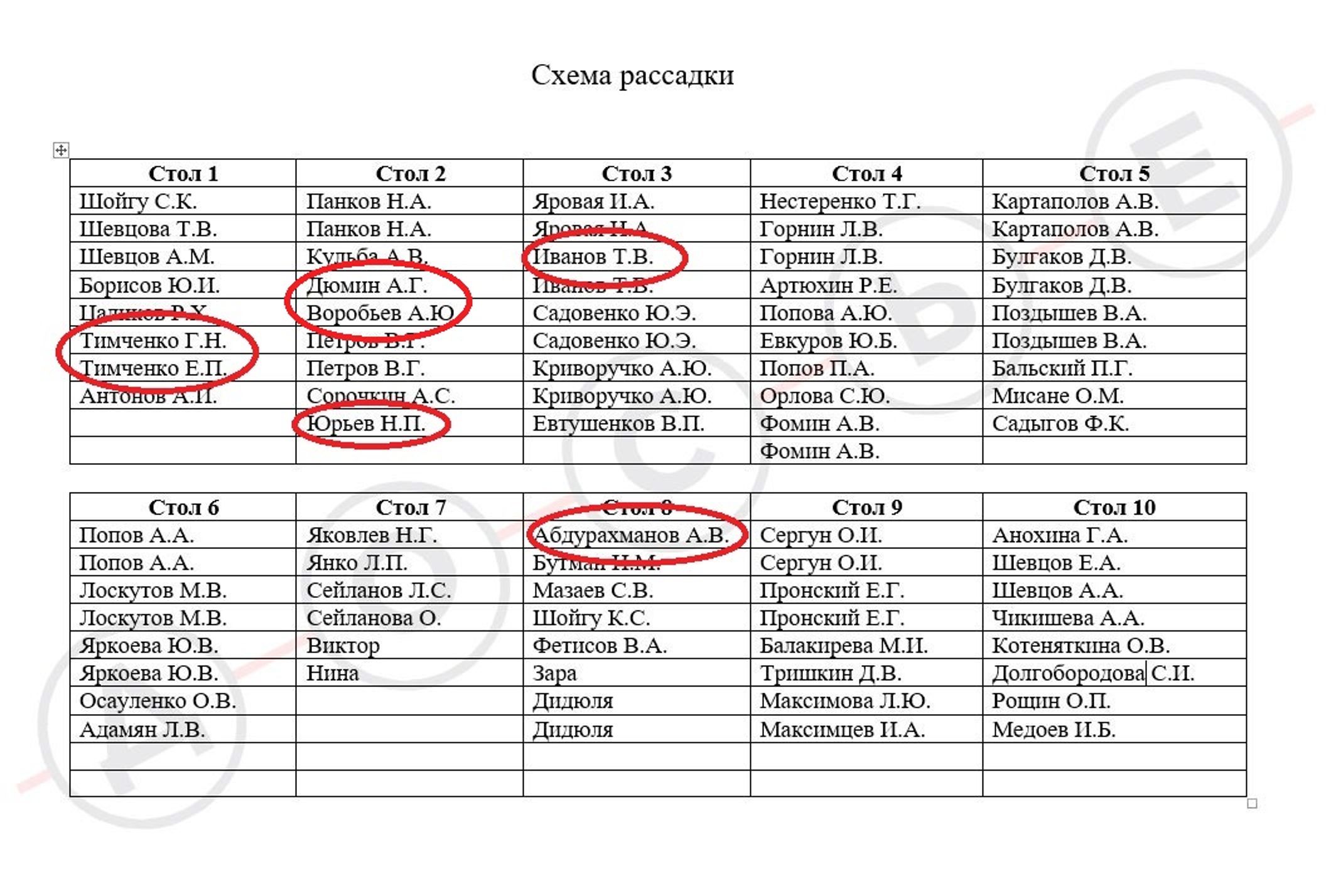 Seating arrangement at the anniversary celebration of Deputy Defense Minister Tatyana Shevtsova