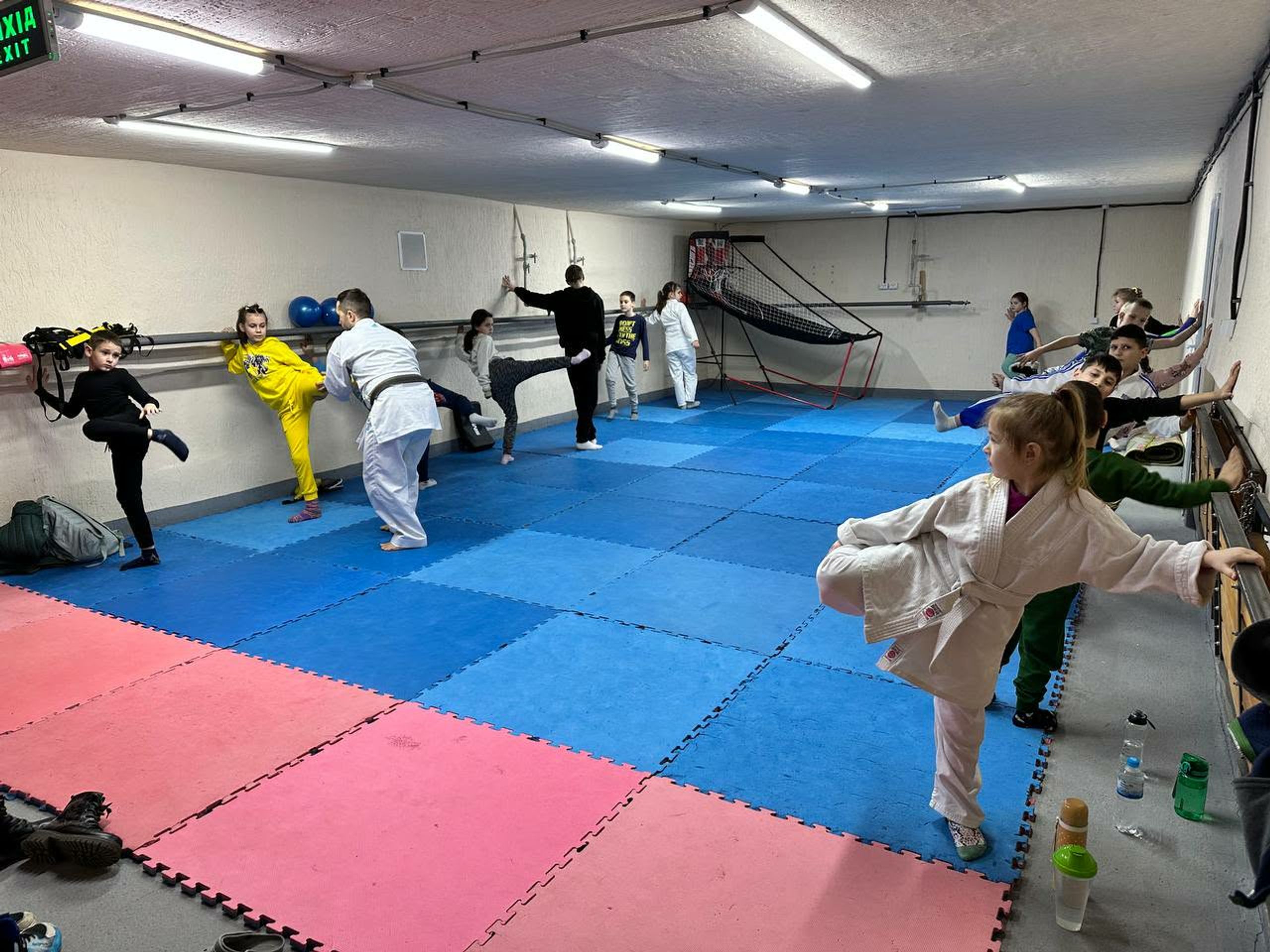 Sports class in a bomb shelter