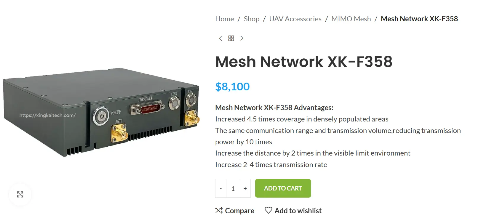 Screenshot of the Xingkai Technology website showing the XK-F358 mesh radio modem