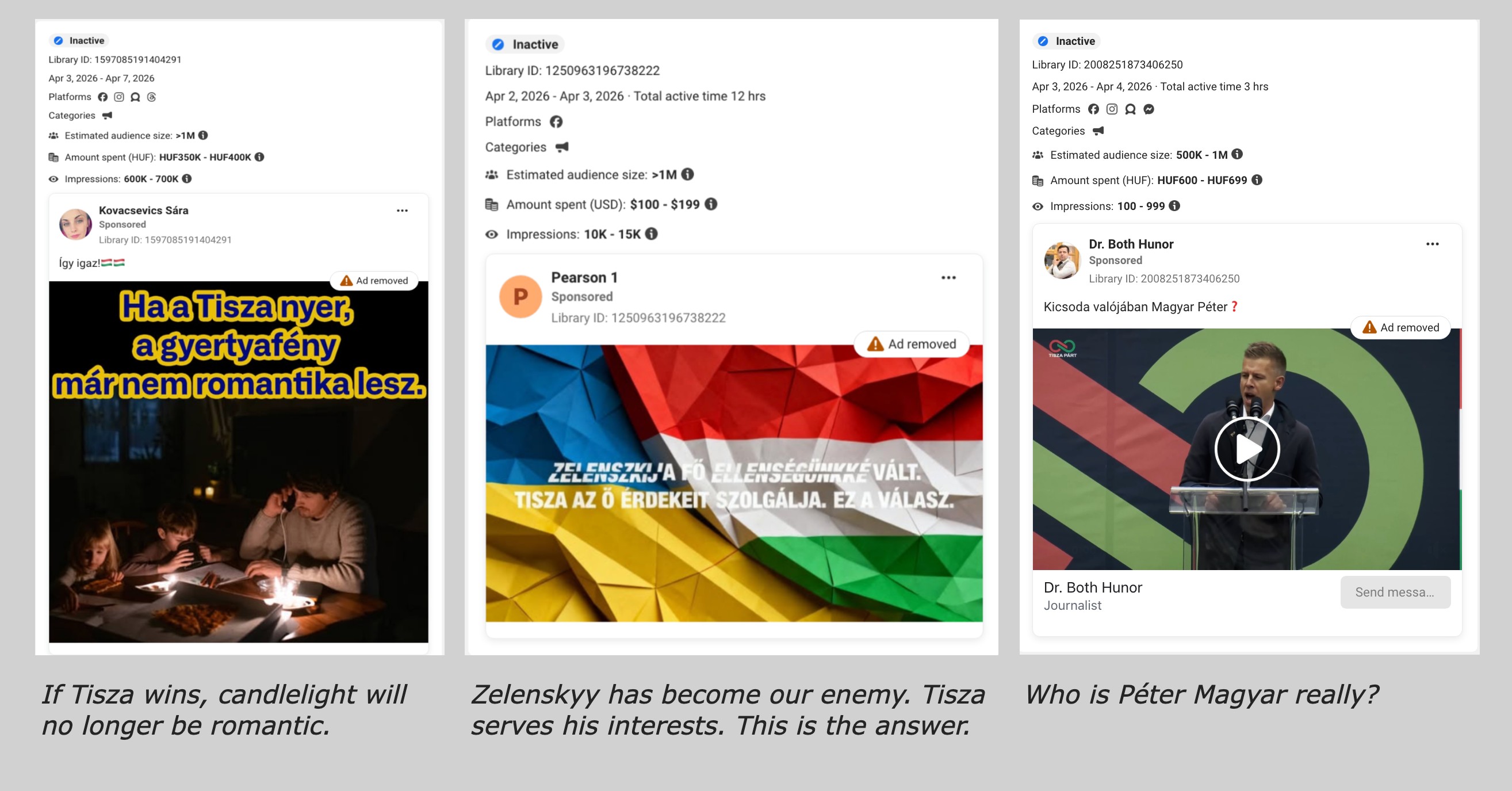 Examples of promotional posts published by newly created accounts. Meta quickly removes these ads due to its ban on political advertising