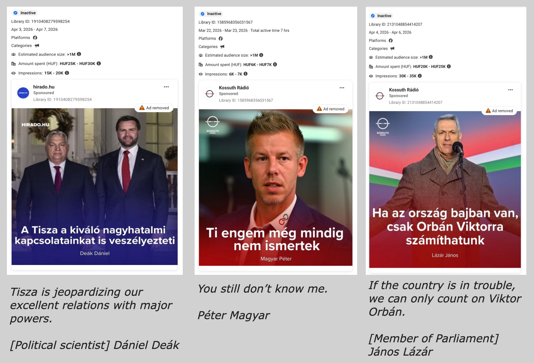 Examples of promotional posts published by Hungarian state media. Meta quickly removes these ads due to its ban on political advertising